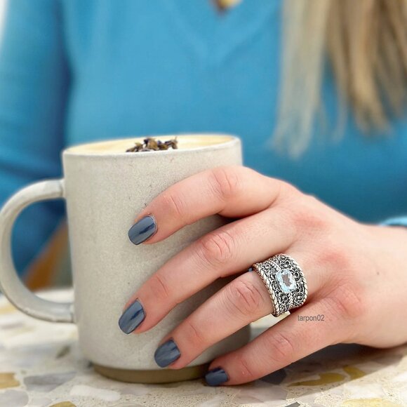 John Hardy JAI Blue Topaz+Floral Textured Saddle Band Sterling Silver Ring-7 NIB - Picture 13 of 14